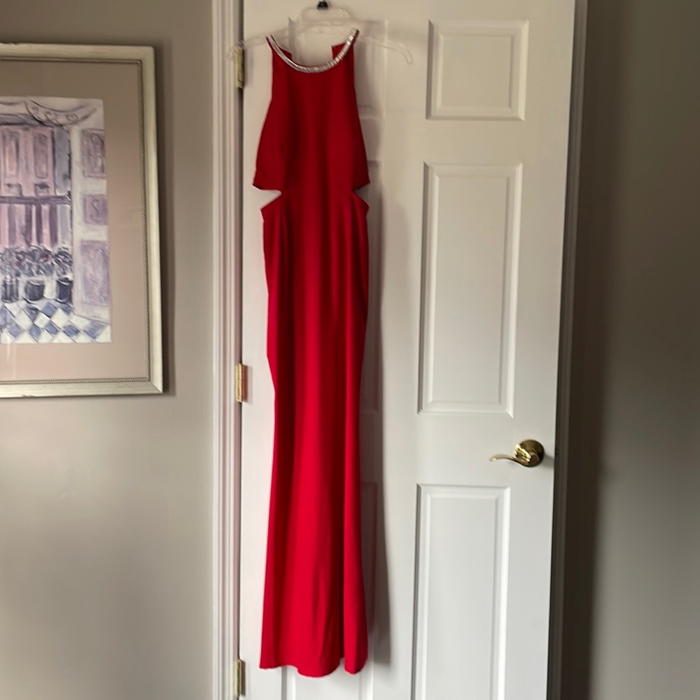 Prom dress  red long dress with slit up side and rhinestones around neck line